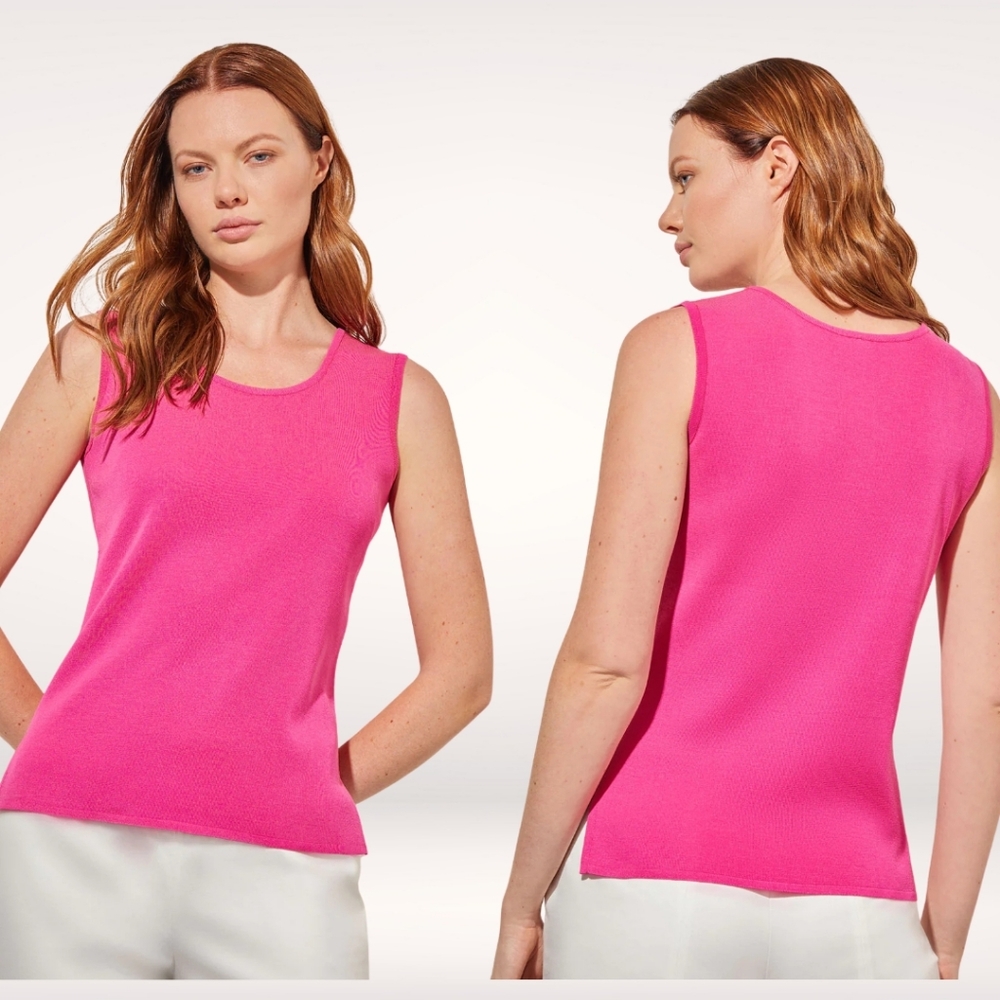 Ming Wang Mid-Length Scoop Neck Knit Tank Pink/Rose Sleeveless Side Slit Size XL